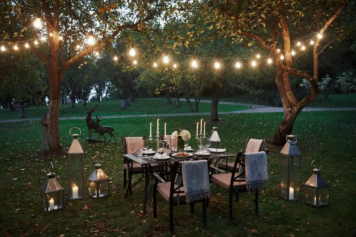 small garden with string lights cozy atmosphere