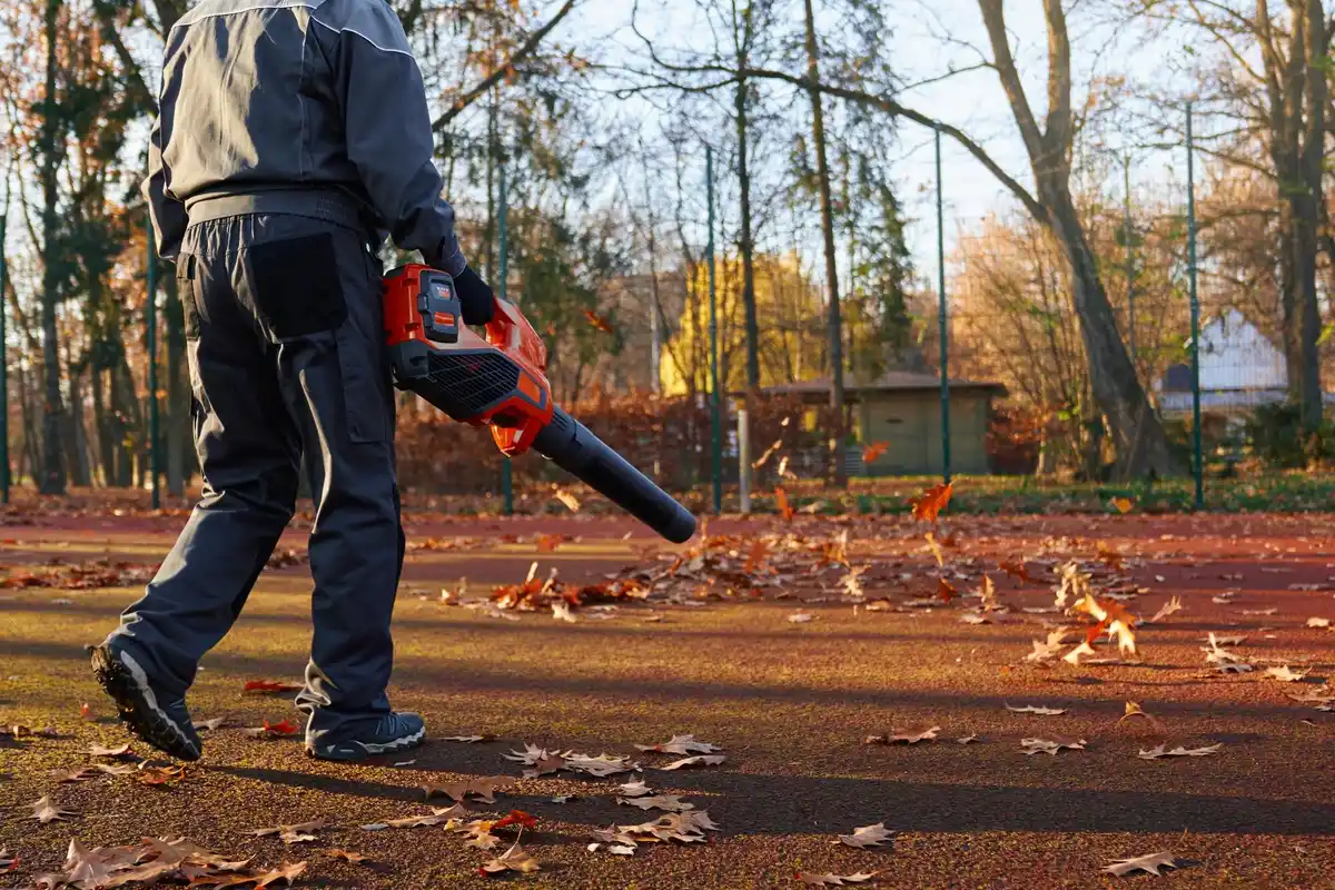 cordless leaf blower in Dutch garden