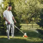 lawn mower cutting grass in dutch garden summer