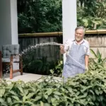 lawn watering spring garden hose backyard fresh green grass