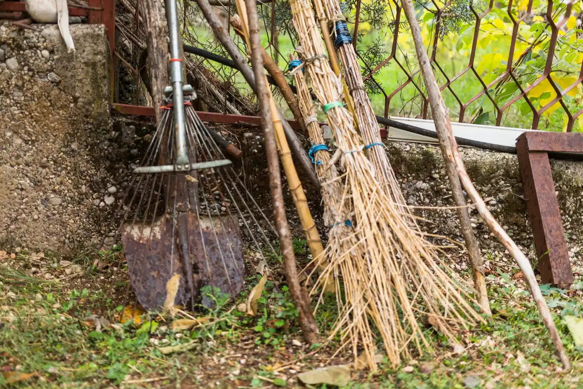storage of garden tools in shed