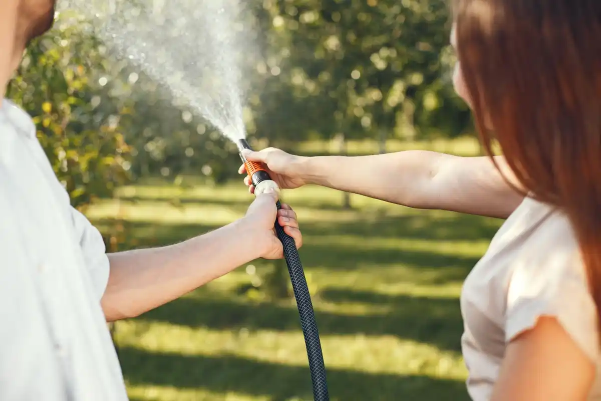 watering lawn with sprinkler in sunny garden