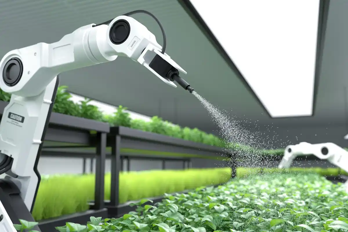 robot lawn mower working in a neat modern garden