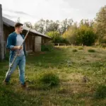 early morning lawn mowing Dutch garden