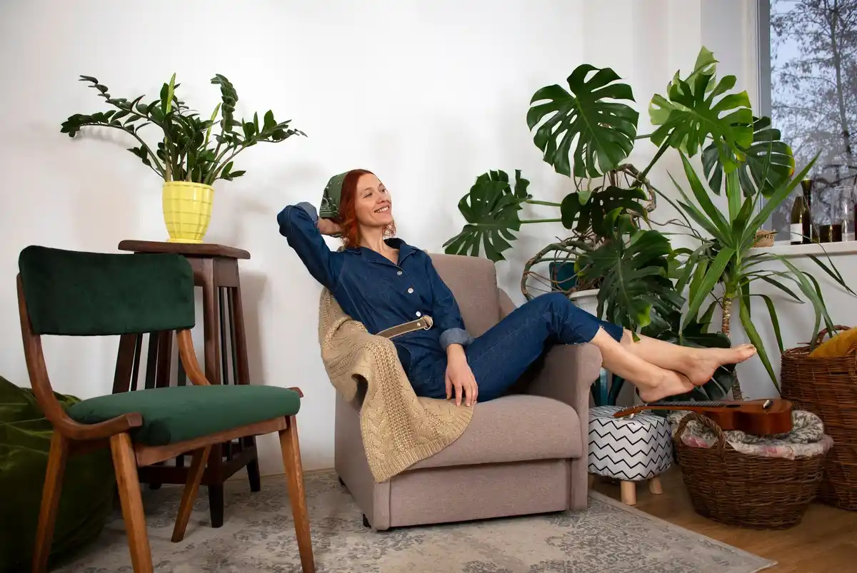 cozy living room with green indoor plants
