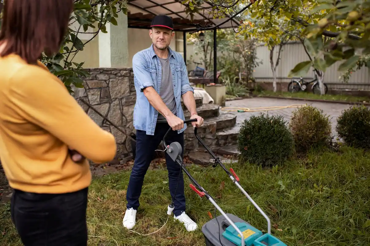 lawn scarifying machine in action in dutch garden