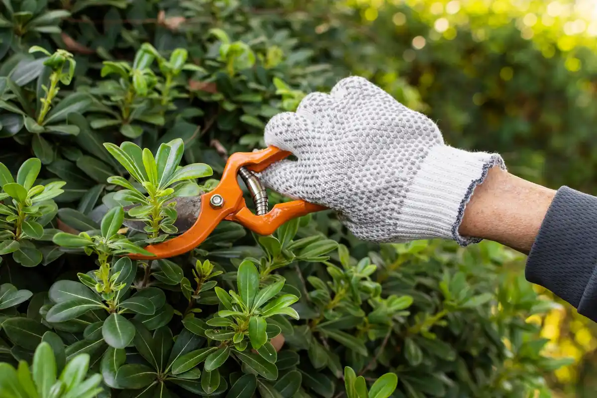 Pruning shears cutting rose bush